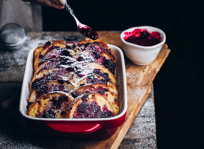 Bread pudding with red berries recipe