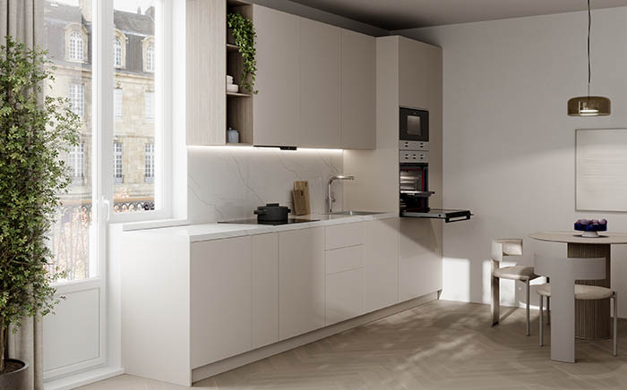 Amplia cocina blanca con electrodomésticos Teka serie NEO en acero inoxidable 