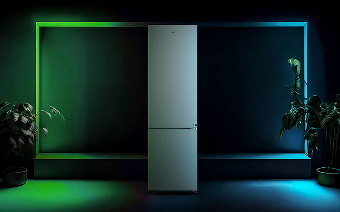 Frigorífico combi en una pared oscura con neón verde a la izquierda y neón azul a la derecha