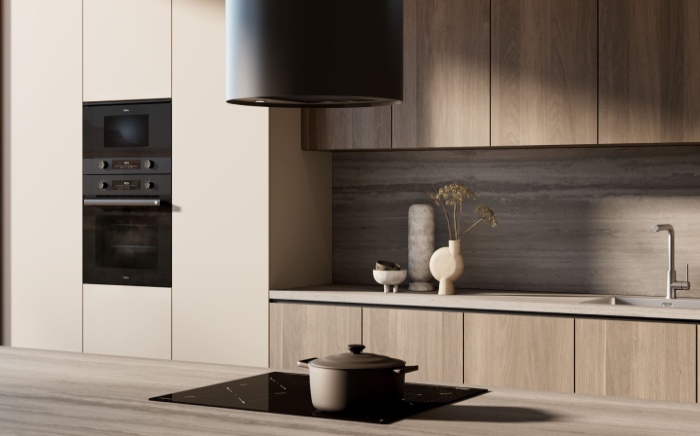 Horno serie NEO de Teka con termostato de seguridad para hornos integrado en una cocina minimalista en tonos claros