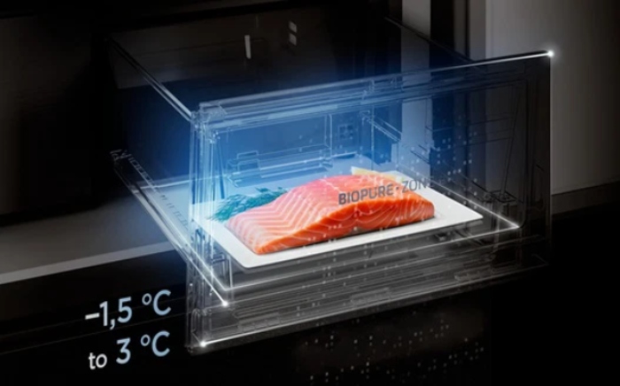 Cajón BioPure zone para la conservación específica de carnes y pescados disponible en modelos de frigoríficos In-Line slot-in de Teka
