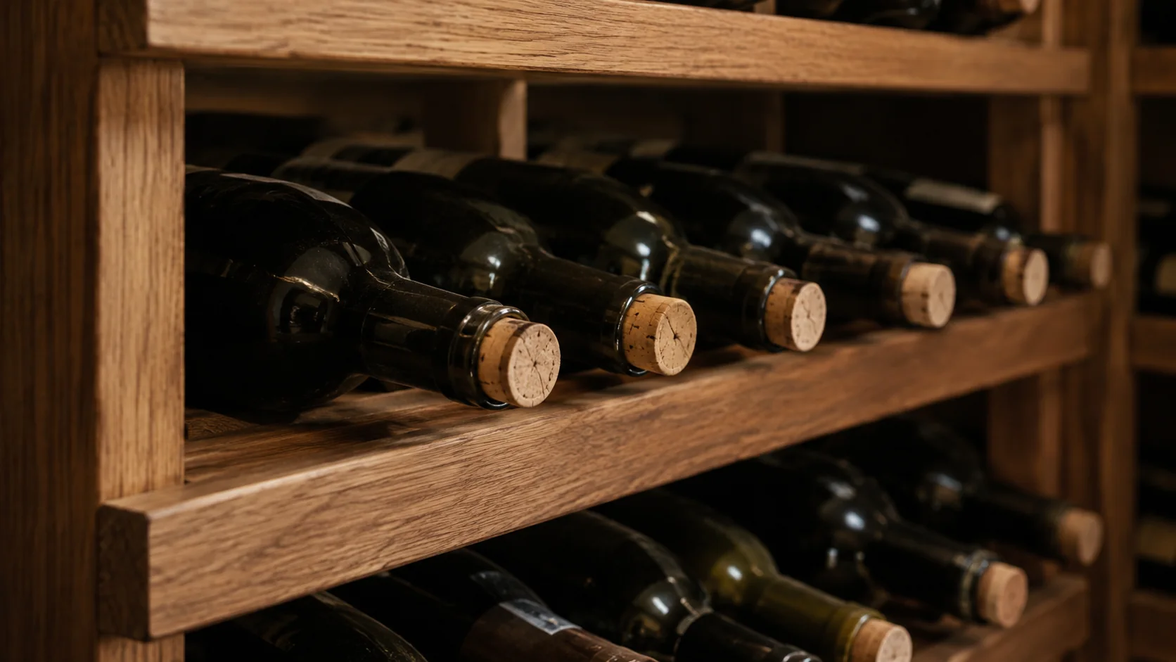 Botellas de vino almacenadas horizontalmente en estantes de madera