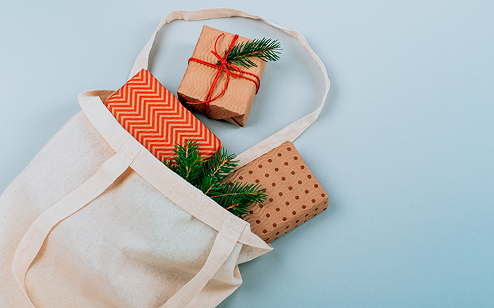 Tote bag with Christmas gifts inside