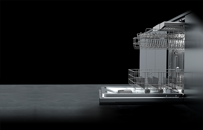 An open and empty stainless steel dishwasher by Teka