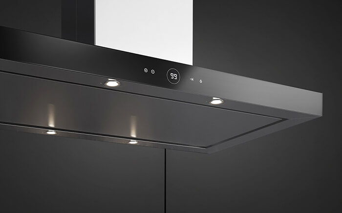 Extractor hood LED lights in a Teka hood with a stainless steel finish