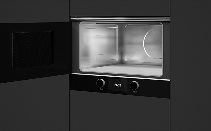 A black Teka microwave with the door open built-in on a dark kitchen wall.