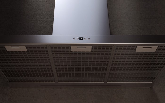 Close-up of a Teka decorative extractor hood in stainless steel finish