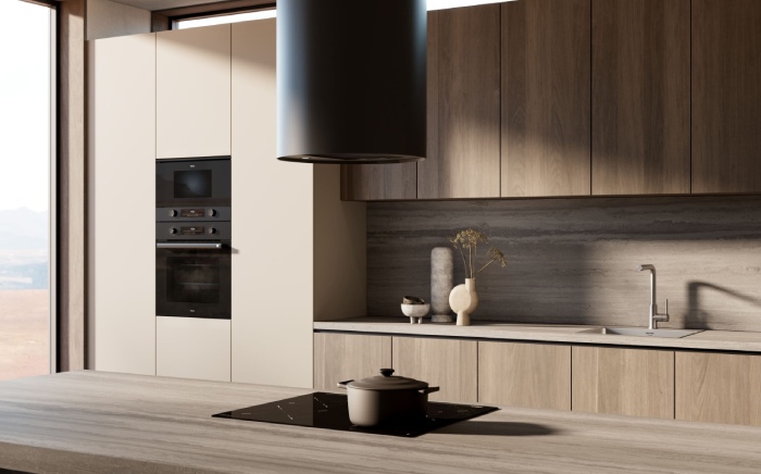 Minimalist kitchen design and Neo series oven and microwave by Teka with a hood in island over an induction hob