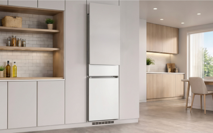 Modern built-in bottom-freezer refrigerator with closed custom white panel doors, integrated into white and light wood kitchen cabinetry.