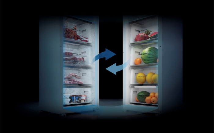 Split graphic of an In-Line Teka's refrigerator interior showing frozen foods with an icy texture on the left, connected by blue circular arrows to fresh fruits on the right to show convertible freezer-to-fridge technology.