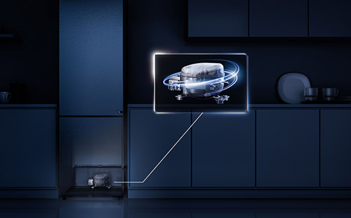Diagram showing an inverter compressor located at the bottom of a Teka refrigerator with a callout highlighting its internal mechanism.