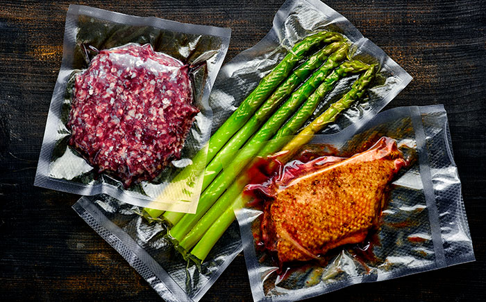 Vacuum-sealed food like asparagus, beef burger or something that really looks like chicken, but you know, everything actually looks and tastes like chicken at some point