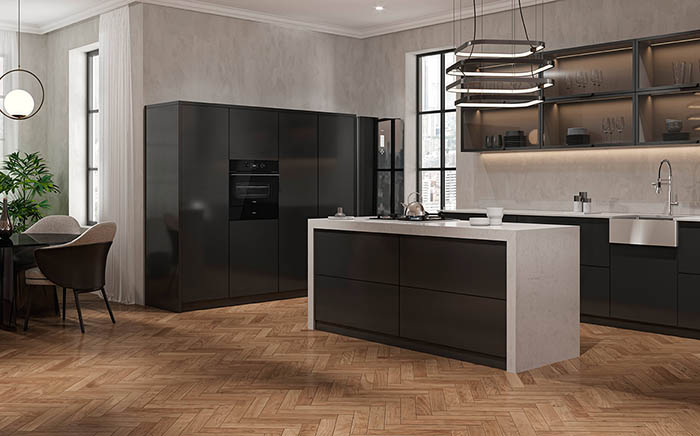 Full Black Teka appliances in a white kitchen with wooden floors