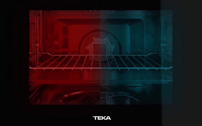 DualClean Teka exclusive self-cleaning for ovens. Image of a Teka oven with half oven in red and half oven in blue