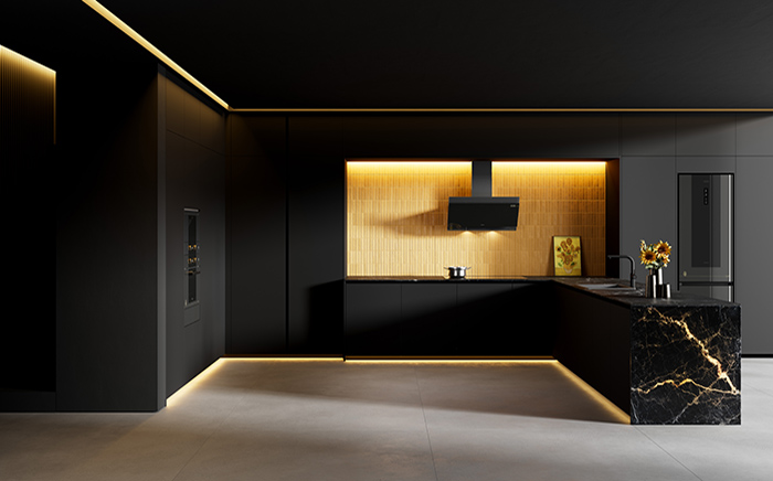 Dark kitchen with black and yellow decoration and Vang Gogh Museum home edition appliances by Teka