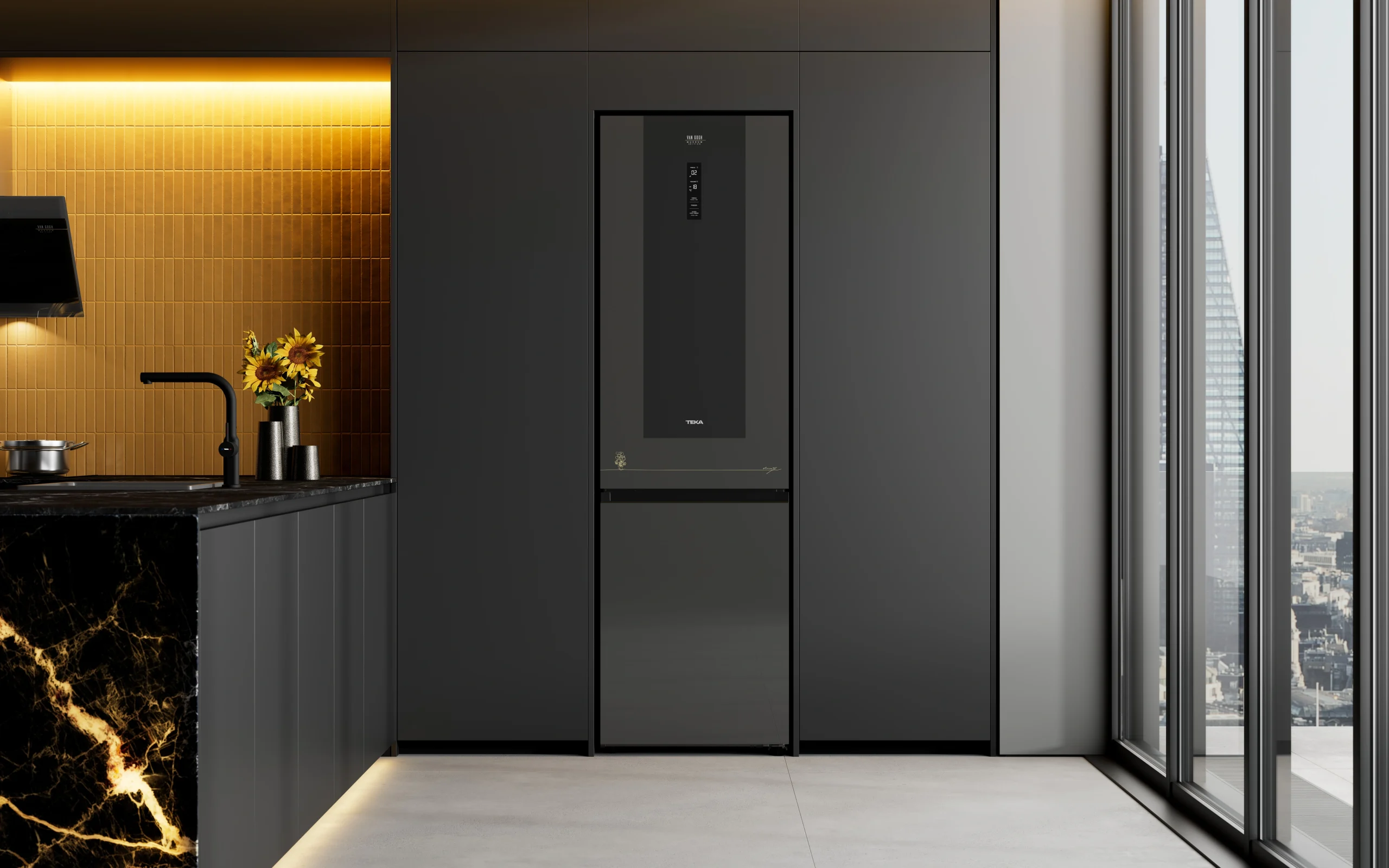 refrigerator in black kitchen van gogh edition