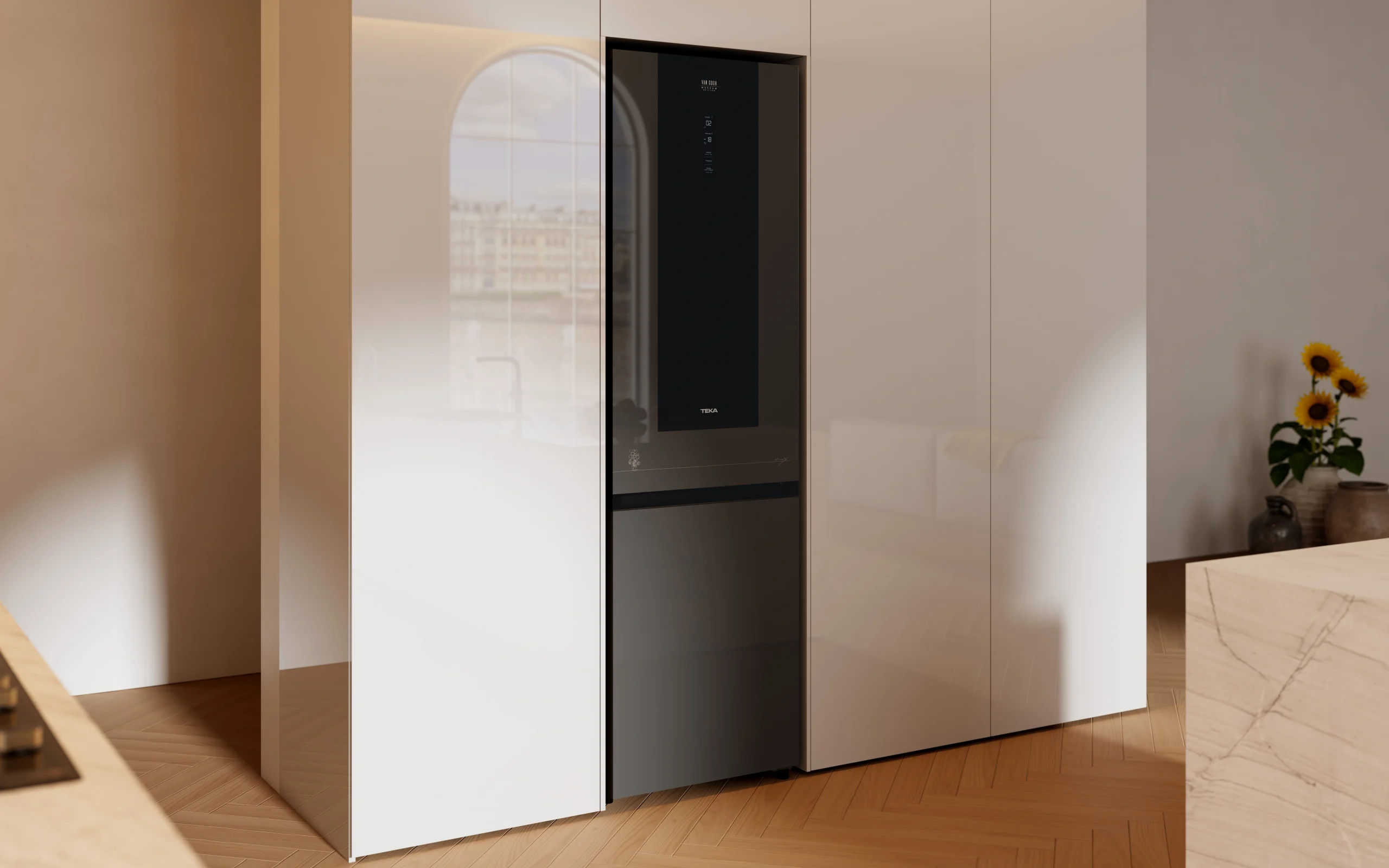 refrigerator in white kitchen teka van gogh edition