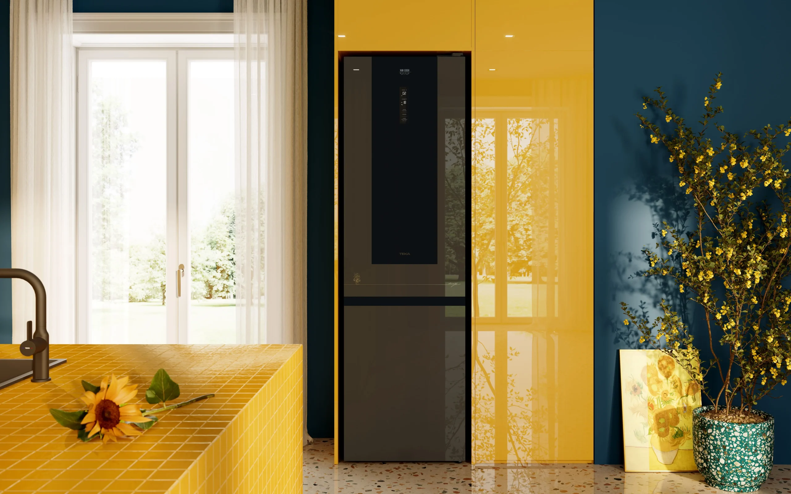 refrigerator in yellow kitchen teka van gogh edition