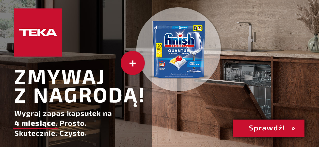 Baner promocji Zmywaj z nagrodą przedstawiający aranżację kuchni oraz nagrodę tj. kapsułki finish