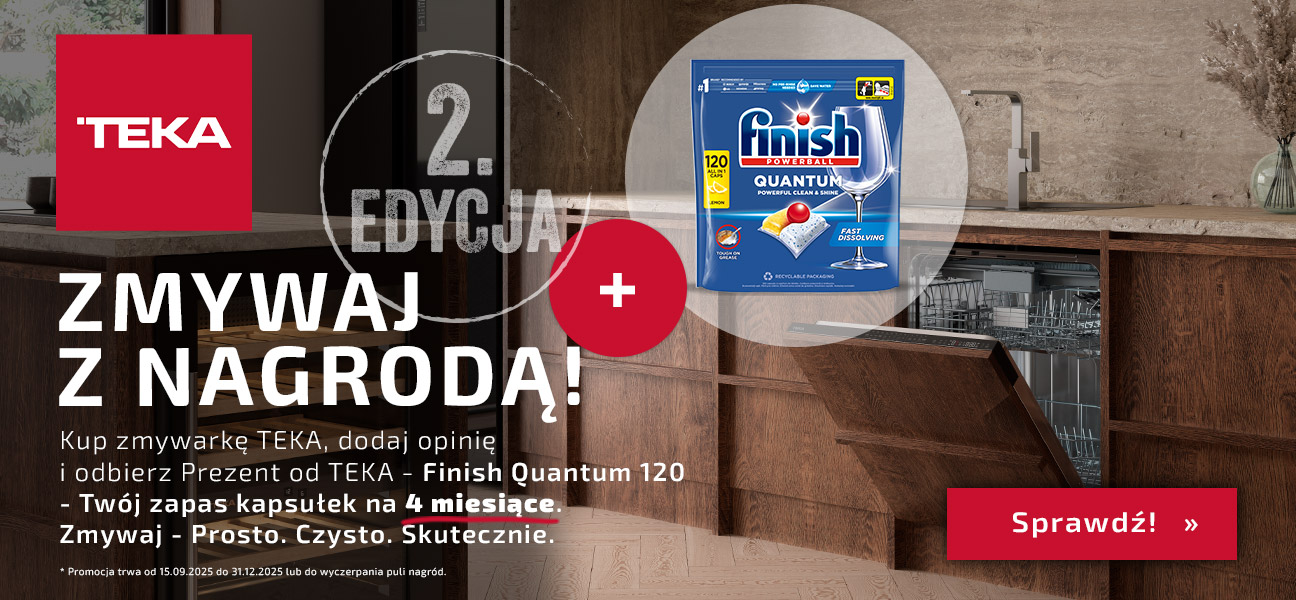 Baner promocji Zmywaj z nagrodą edycja 2 przedstawiający aranżację kuchni oraz nagrodę tj. kapsułki finish