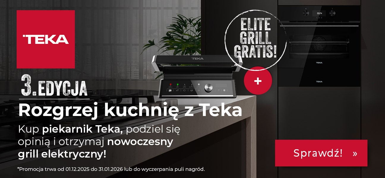 Baner reklamowy promocji marki Teka. Na pierwszym planie znajduje się nowoczesny grill elektryczny, a w tle czarny piekarnik do zabudowy