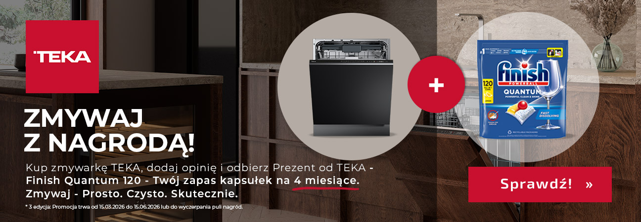 Baner reklamowy promocji marki Teka. Na pierwszym planie znajduje się nowoczesny grill elektryczny, a w tle czarny piekarnik do zabudowy