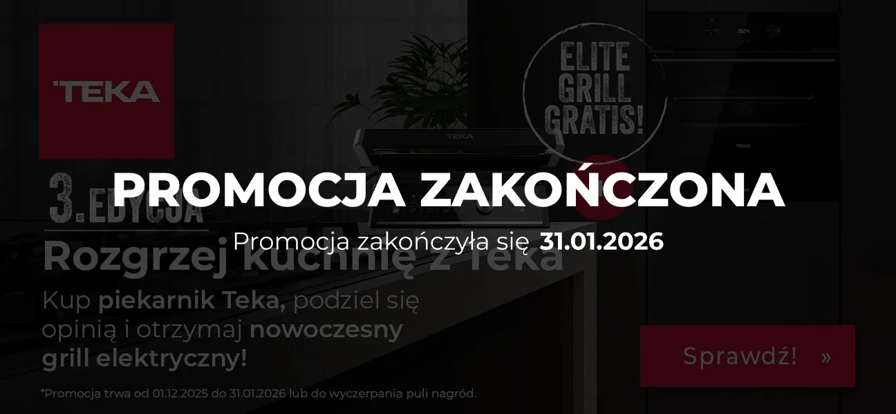Baner reklamowy promocji marki Teka. Na pierwszym planie znajduje się nowoczesny grill elektryczny, a w tle czarny piekarnik do zabudowy