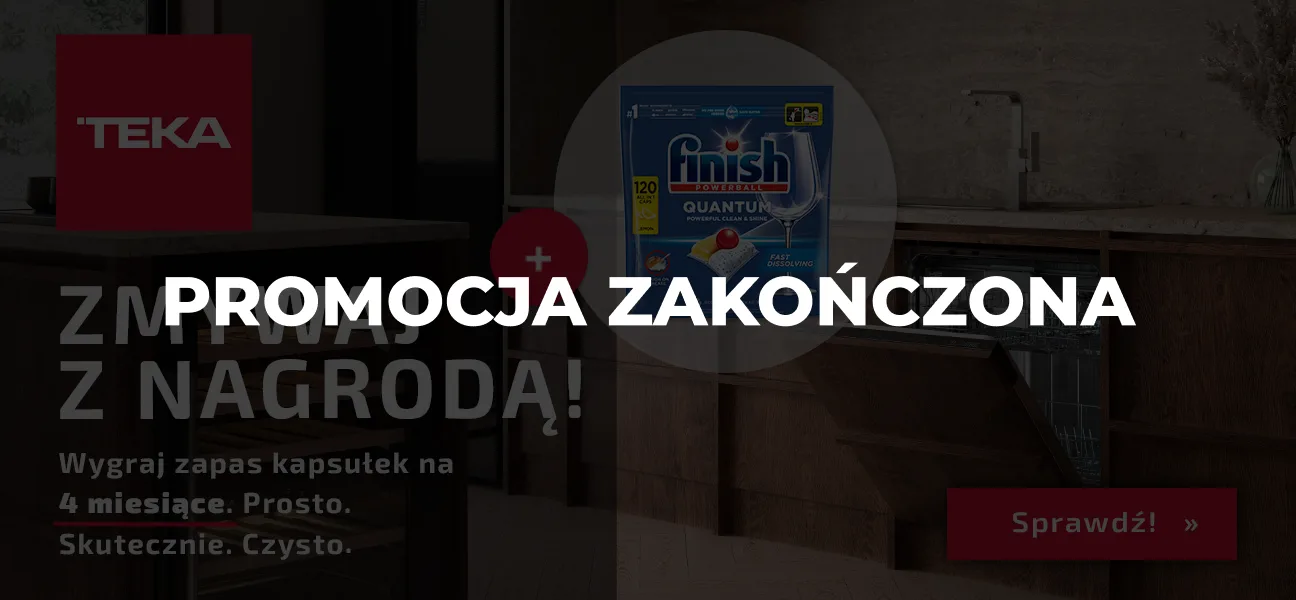 Baner promocji Zmywaj z nagrodą przedstawiający aranżację kuchni oraz nagrodę tj. kapsułki finish