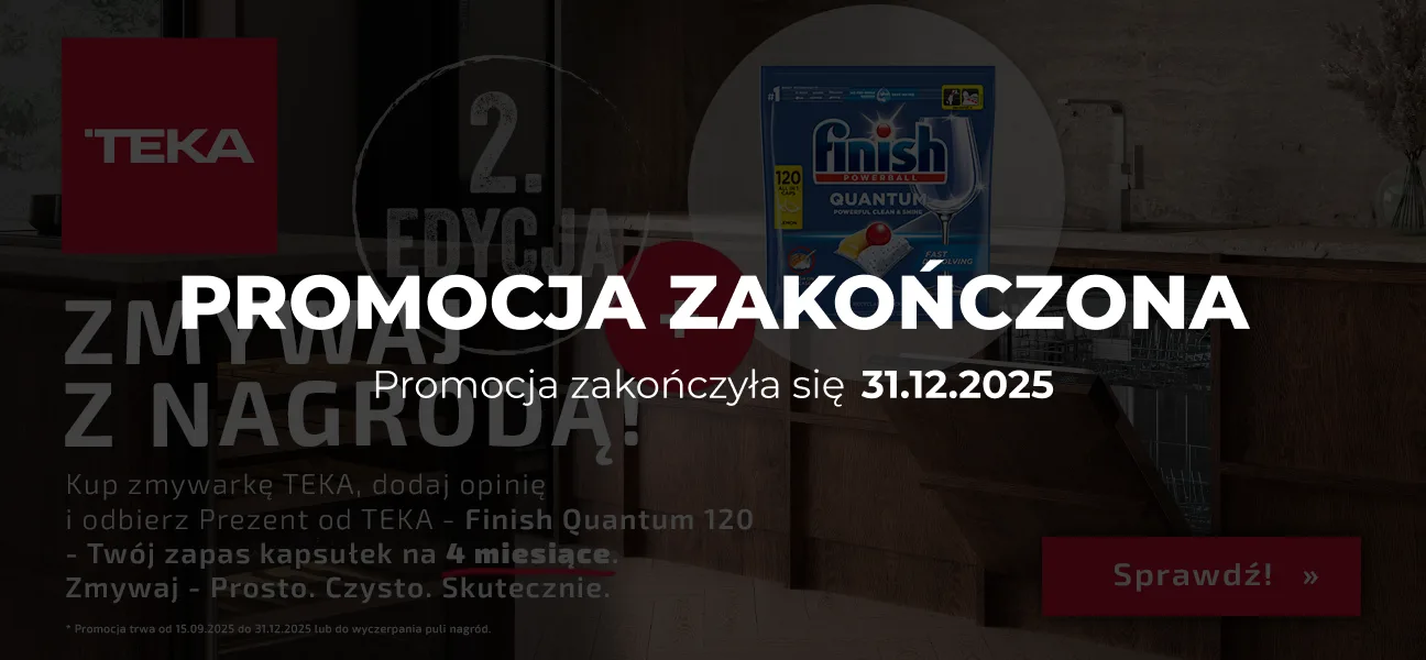 Baner promocji Zmywaj z nagrodą edycja 2 przedstawiający aranżację kuchni oraz nagrodę tj. kapsułki finish