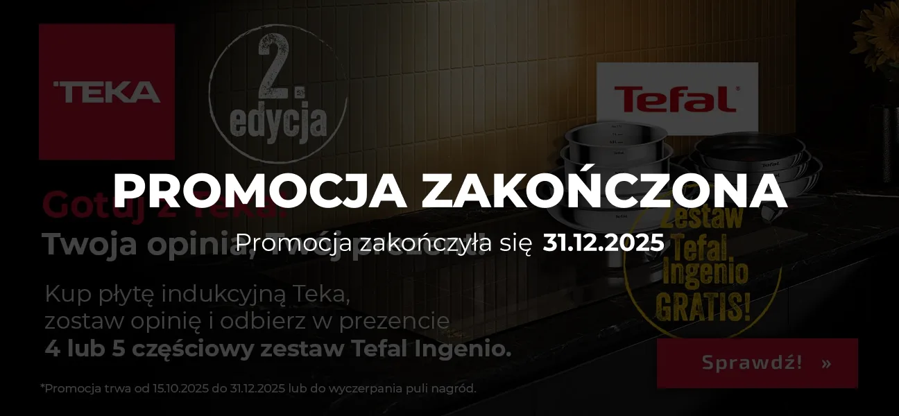 Baner reklamowy promocji marki Teka. Na pierwszym planie znajduje się nowoczesny grill elektryczny, a w tle czarny piekarnik do zabudowy