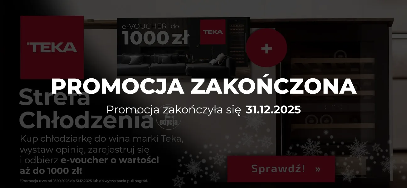 Baner reklamowy promocji marki Teka. Na pierwszym planie znajduje się nowoczesny grill elektryczny, a w tle czarny piekarnik do zabudowy