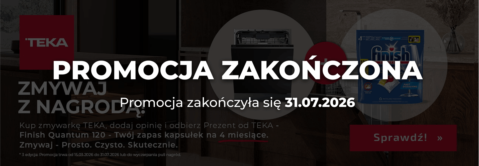 Baner reklamowy promocji marki Teka. Na pierwszym planie znajduje się nowoczesny grill elektryczny, a w tle czarny piekarnik do zabudowy